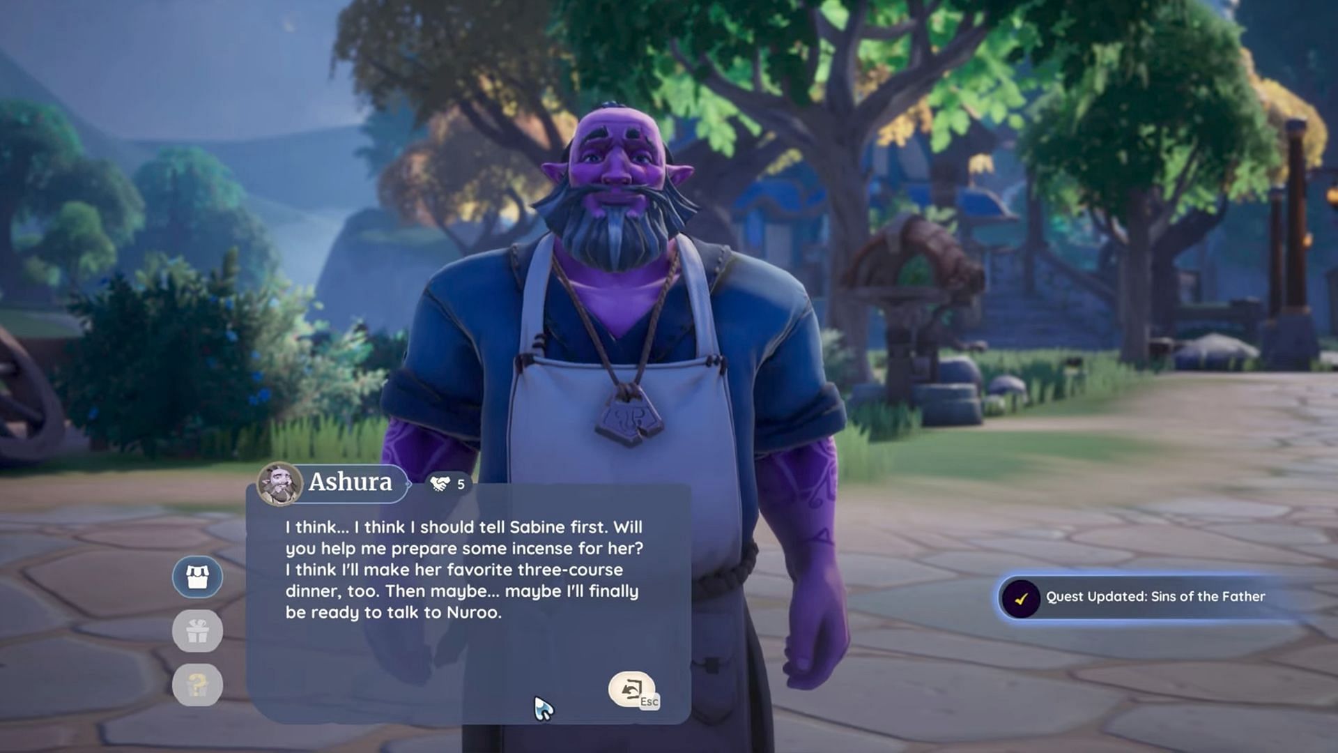 Ashura asks for your help in making peace with his late wife, Sabine. (Image via Singularity 6)